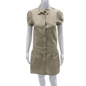 Hyden Yoo Women Beige Linen Collared Short Sleeve Shirt Dress Size 2